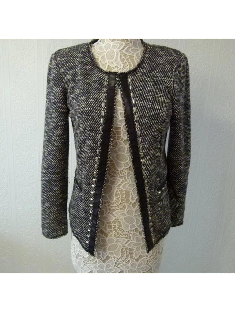 Cache Open-Front Tweed Jacket with Stud/Leather Trimming in Black/White 10
